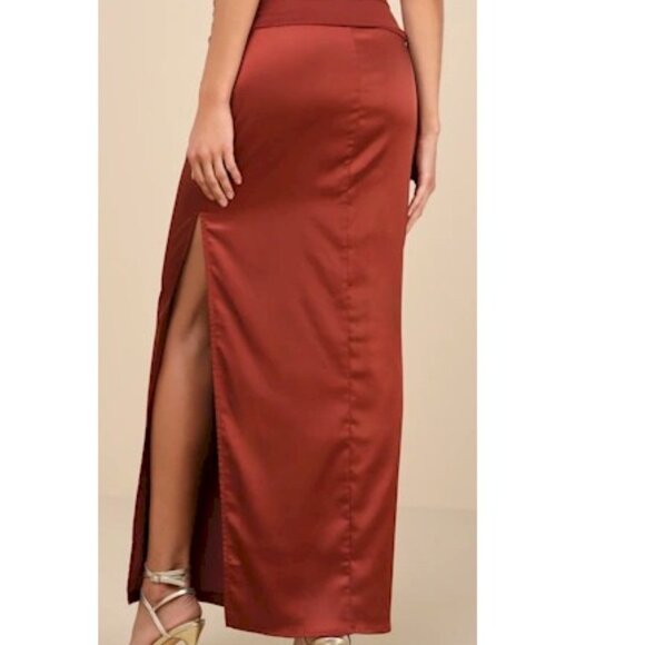 Lulus Perfected Essence Rust Brown Satin Mesh Ruched Maxi Dress Small NWOT - Picture 4 of 5